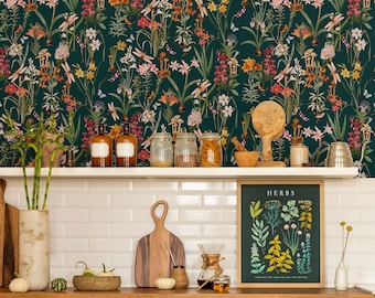Dragonfly Garden &#39;Evergreen&#39; Botanical // Peel & Stick Self Adhesive Paper or Smooth Pre-Pasted Eco Safe Wallpaper 3-6-9-12ft L Rolls