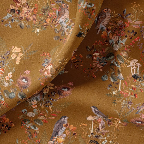 Woodland Birds Fabric by the YARD Performance Linen, Upholstery Velvet, Dressmaking Cottons, Muslin, Jersey + more | Ships from US or EU