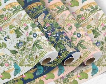 May include: Five rolls of floral patterned wrapping paper with butterflies and ferns. The paper is available in blue, pink, and white.