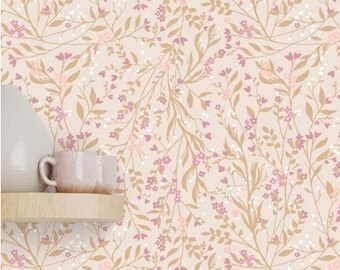 Peach Floral Peel and Stick Wallpaper, Beige Blossom Drawer Liner