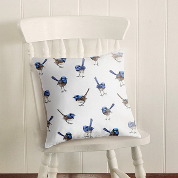 UPGRADE Blue Wren Bird Cushion Cover in Linen Cotton, Made to Order Pillow Slip, Australian Native Bird | Made to Order | Ships in 3-5 days