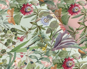 May include: Four rolls of wrapping paper with a tropical floral pattern featuring toucans, butterflies, and flowers in shades of green, pink, cream, and brown. The rolls are labeled "Green", "Pink", "Vanilla", and "Sepia".
