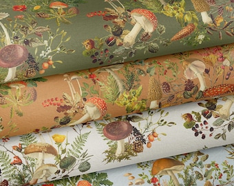LAST CHANCE Woodland Mushroom Fabric: Indie Vintage Plant Print (Ships from USA)