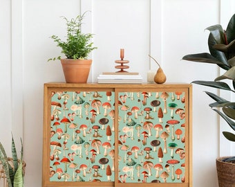 Red Green Woodland Mushrooms Drawer Liner // Peel & Stick Self Adhesive Paper or Smooth Pre-Pasted Eco Safe Wallpaper 3-6-9-12ft L Rolls