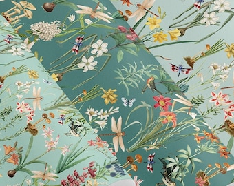 May include: Three rolls of patterned wallpaper in Duckegg, Mallard, and Dusty Blue colorways. The designs feature botanical illustrations of flowers, dragonflies, and butterflies. The text on the image says "COLOURS SHOWN HERE ARE JUST A FEW EXAMPLES - CUSTOM COLOURWAYS ARE POSSIBLE."