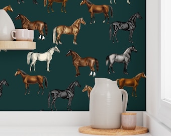 Vintage Horses on Dark Emerald Drawer Liner Peel & Stick Self Adhesive Paper OR Smooth PrePasted Wallpaper Custom 3ft-6ft-9ft-12ft L Rolls