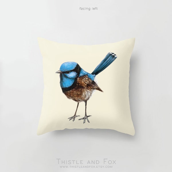 RESERVED 2 x Large Blue Wren Cushion Covers Natural Cream Beige Linen Cotton Throw Pillow, Australian Native Bird/ Handmade, Ready to Ship