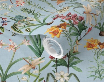 Dragonfly Garden Wallpaper: Blue Botanical Peel and Stick Paper