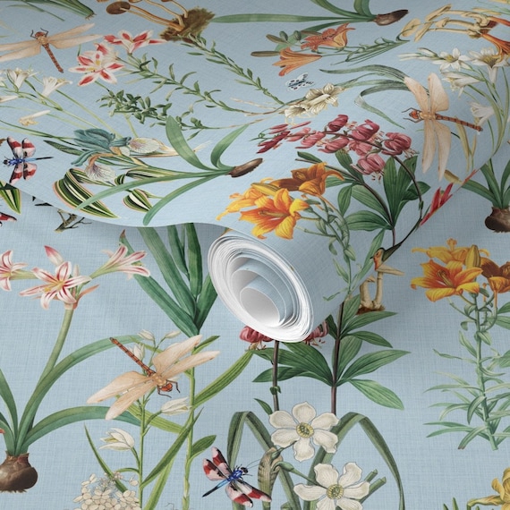 Dragonfly Garden Wallpaper: Blue Botanical Peel and Stick Paper