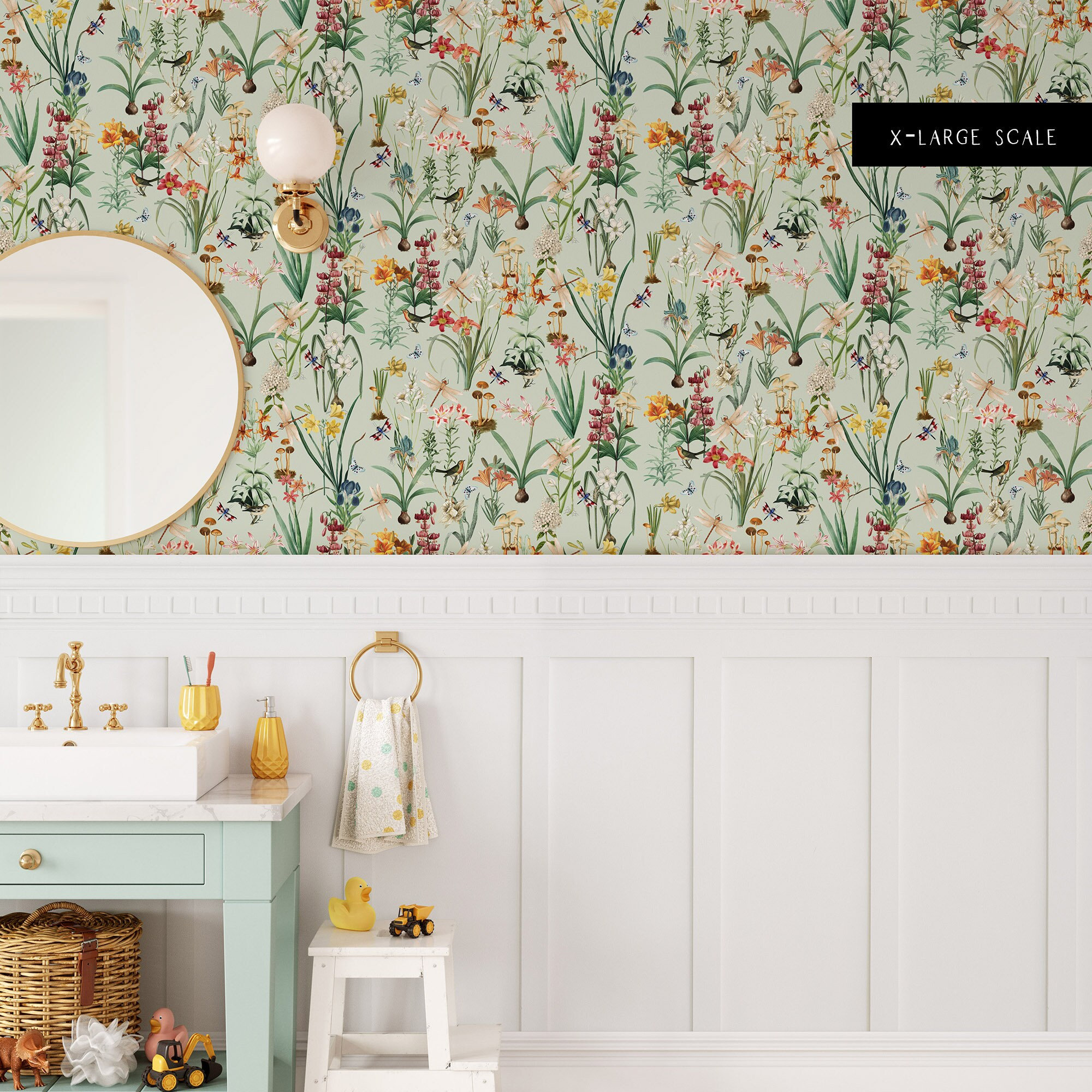 Garden Dragonfly Botanical Drawer Liner 'Green' // Peel & Stick Self Adhesive Paper or Smooth PrePasted Eco Safe Wallpaper 3-6-9-12ft L Roll
