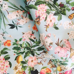 Summer Orchard Fabric Vintage Botanicals Fruit Bees, Designer Fabrics by the YARD, Cotton, Velvet, Muslin, Jersey and more | Ships from USA