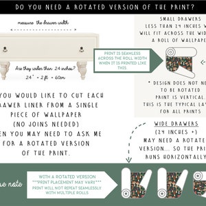 May include: Informational graphic with text about wallpaper for drawers. It shows a cream-colored dresser and rolls of wallpaper. Text explains drawer width measurements, with a 24-inch (60cm) width as a key reference. The graphic details how to cut wallpaper for drawers.