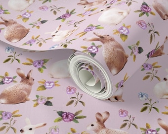 Bunnies in Garden Drawer Liner // Cute Floral Peel & Stick Self Adhesive Paper or Smooth Pre-Pasted Eco Safe Wallpaper 3-6-9-12ft L Rolls