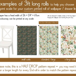 May include: Image showing examples of wallpaper rolls with floral patterns in different scales. The text indicates the wallpaper is 24 inches (61cm) wide. A white chair is on the left. The text also mentions a half-drop pattern repeat.