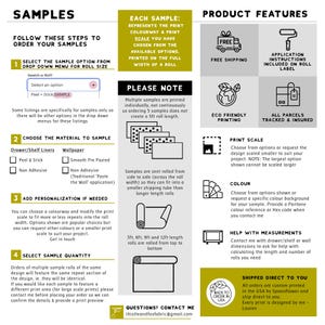 May include: Informational graphic with text about ordering wallpaper samples. Includes options for material, personalization, and quantity. Features product details like free shipping, eco-friendly printing, and color options. Made in the USA.