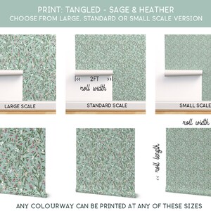May include: A digital illustration of a floral pattern in shades of sage green and heather. The pattern is available in three sizes: large, standard, and small. The image shows the pattern in each size, with a roll of wallpaper partially unrolled to show the width and length.