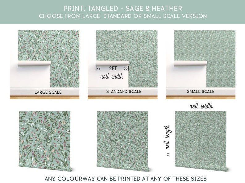 May include: A digital illustration of a floral pattern in shades of sage green and heather. The pattern is available in three sizes: large, standard, and small. The image shows the pattern in each size, with a roll of wallpaper partially unrolled to show the width and length.