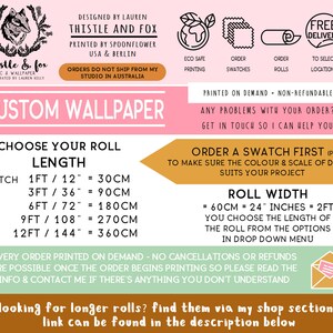 May include: A pink and green graphic with the text "Thistle and Fox" and "Custom Wallpaper". The graphic includes information about ordering custom wallpaper with different lengths and widths. The text "Order a swatch first (please!)" is also included.