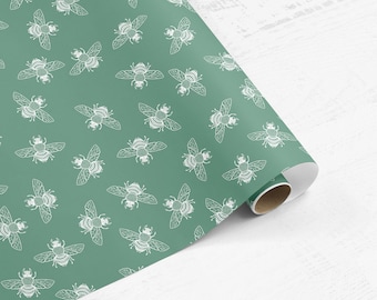 Ditsy Bee Green Drawer Liner Paper Custom Colour Peel & Stick Self Adhesive Paper or Smooth Pre-Pasted Eco Safe Wallpaper 3-6-9-12ft L Rolls