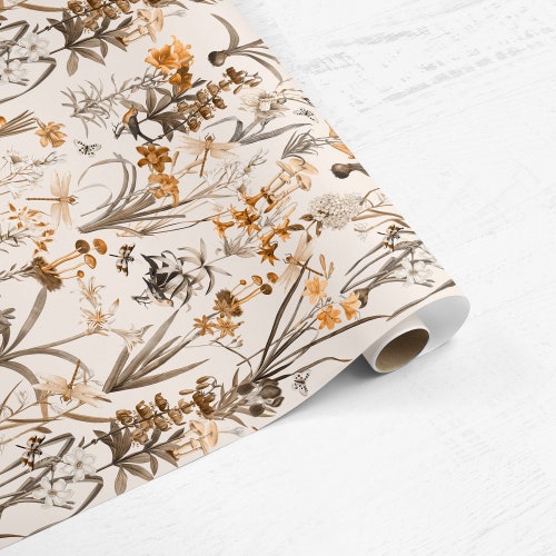 Dragonfly Garden Wallpaper: Sepia Peach Botanical Peel & Stick Paper