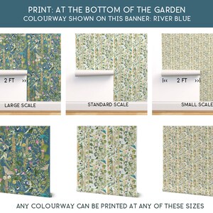 May include: Three different scale options for a wallpaper design featuring a repeating pattern of birds, flowers, and leaves on a blue background. The text "PRINT: AT THE BOTTOM OF THE GARDEN" and "COLOURWAY SHOWN ON THIS BANNER: RIVER BLUE" is displayed at the top of the image.