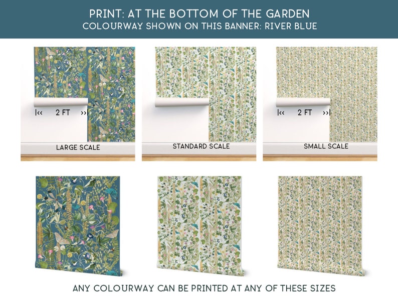 May include: Three different scale options for a wallpaper design featuring a repeating pattern of birds, flowers, and leaves on a blue background. The text "PRINT: AT THE BOTTOM OF THE GARDEN" and "COLOURWAY SHOWN ON THIS BANNER: RIVER BLUE" is displayed at the top of the image.