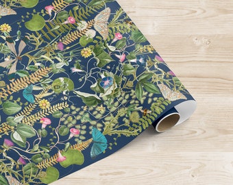 Wild Garden Botanical Drawer Liner / Iris Blue / Peel & Stick Self Adhesive Paper OR Smooth Pre-Pasted Eco Safe Wallpaper 3ft-6ft-9ft-12ft L