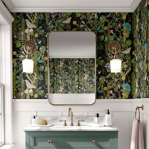 Wild Garden Botanical Wallpaper in Black // Peel & Stick Self Adhesive Paper or Smooth Pre-Pasted Wallpaper 3-6-9-12ft L Rolls