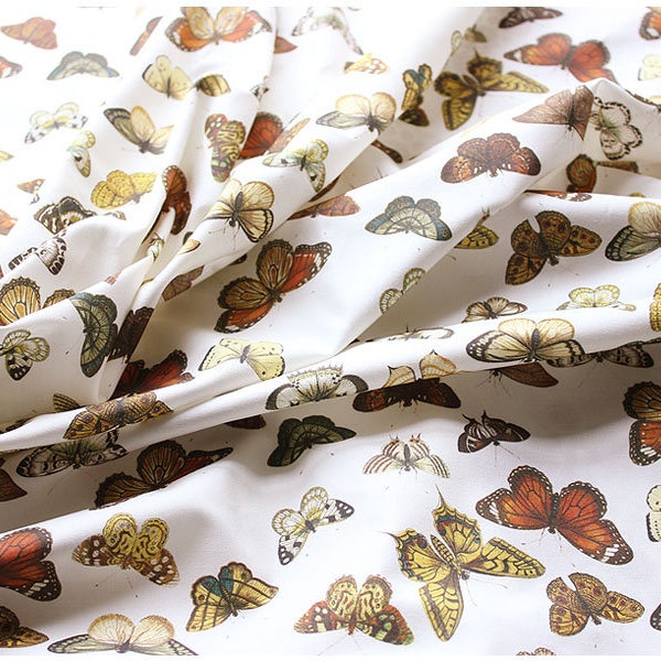 Butterfly Fabric by the YARD, Vintage Natural Earthy Tones, Choose from Linen, Organic Cotton, Jersey Knit. Sustainable Eco Safe Printing