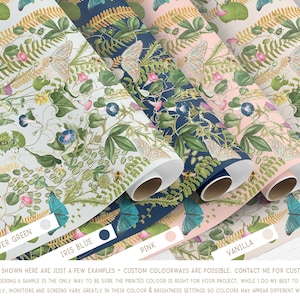 May include: Five rolls of wrapping paper with a floral pattern featuring butterflies, leaves, and flowers. The rolls are labeled with the colors: Silver Green, Iris Blue, Pink, and Vanilla.