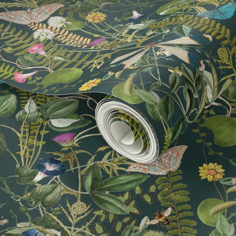 Wild Garden Wallpaper Sample: Peel and Stick or Non Adhesive Paper Drawer Liner Evergreen