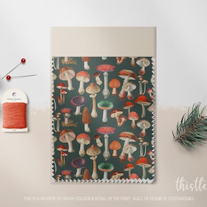 Mushroom Fabric Vintage Style Woodland Toadstool Fungi Fabric by the YARD, Choose Cotton, Velvet, Muslin, Jersey and more | Ships from USA