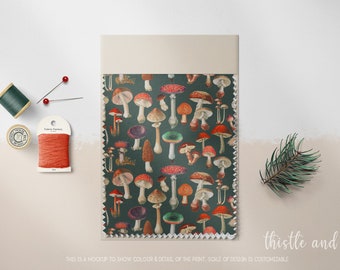 Mushroom Fabric Vintage Style Woodland Toadstool Fungi Fabric by the YARD, Choose Cotton, Velvet, Muslin, Jersey and more | Ships from USA