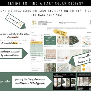 May include: Screenshot of an Etsy shop page with text: "TRYING TO FIND A PARTICULAR DESIGN?" and "SORT LISTINGS USING THE SHOP SECTIONS ON THE LEFT SIDE OF THE MAIN SHOP PAGE." The shop sells wallpaper and fabric. Text includes "SEARCH", "LOTS OF INFO HERE", and "I also sell my designs on fabric."
