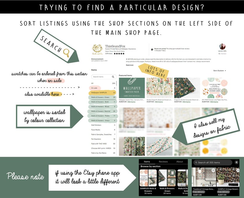 May include: Screenshot of an Etsy shop page with text: "TRYING TO FIND A PARTICULAR DESIGN?" and "SORT LISTINGS USING THE SHOP SECTIONS ON THE LEFT SIDE OF THE MAIN SHOP PAGE." The shop sells wallpaper and fabric. Text includes "SEARCH", "LOTS OF INFO HERE", and "I also sell my designs on fabric."
