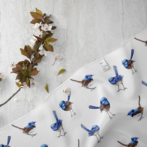 Blue Wren Fabric by the METRE Australian Bird Print by Thistle and Fox, Organic Cotton Linen + more | Free Ship from USA