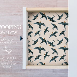 Swooping Swallow Bird Drawer Liner Peel & Stick Self Adhesive Paper OR Smooth Pre Pasted Eco Safe Wallpaper 3ft-6ft-9ft-12ft L Rolls