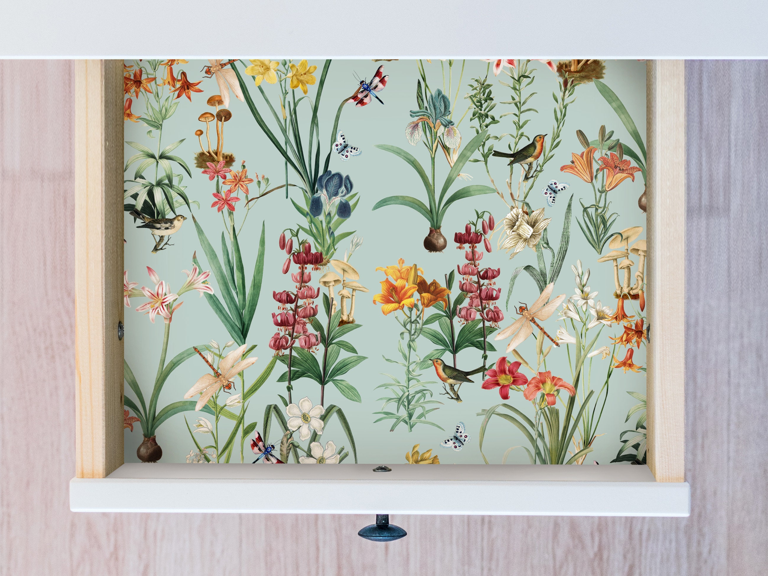 Wild Garden Botanical Drawer Liner in Black Peel & Stick Self Adhesive  Paper OR Smooth Prepasted Eco Safe Wallpaper 3ft-6ft-9ft-12ft L Rolls 