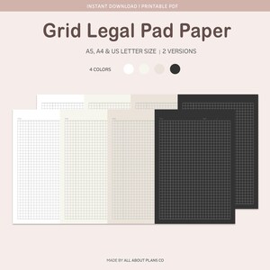 Könnte beinhalten: Gitter-Notizblockpapier in vier Farben: Weiß, Creme, Beige und Schwarz. Das druckbare PDF-Set enthält A5-, A4- und US-Letter-Formate in zwei Versionen. Jedes Blatt zeigt ein Gittermuster mit einem Feld für Titel und Datum am oberen Rand.