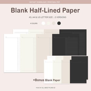 Juego de hojas de cuaderno en blanco y con líneas parciales para imprimir diarios, apuntes escolares y escritura creativa.
