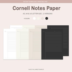 Może przedstawiać: Papier do notatek Cornell w formacie PDF do druku w rozmiarach A5, A4 i US Letter. Zestaw zawiera dwie wersje w czterech kolorach: białym, złamanej bieli, beżowym i czarnym. Każdy arkusz posiada klasyczny układ Cornell z kolumną na słowa kluczowe.