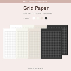 May include: Grid paper printable PDF in A5, A4, and US letter sizes. The set includes two versions in four colours: white, light beige, tan, and black. Each sheet features a uniform grid pattern with a small space for a date at the top right corner.