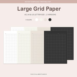 May include: Large grid paper in four colours including white, cream, beige, and black. The printable PDF includes A5, A4, and US letter sizes in two versions. Each sheet features a grid pattern with a space for a title and date at the top.