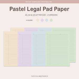 May include: Pastel legal pad paper in yellow, purple, blue, and green. The text reads: Pastel Legal Pad Paper, A5, A4 & US LETTER SIZE | 2 VERSIONS, 4 COLORS, MADE BY ALL ABOUT PLANS CO. The paper features horizontal lines and a vertical margin.