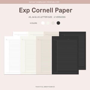 Könnte beinhalten: Digitales, druckbares Cornell-Notizpapier in den Formaten A5, A4 und US Letter. Das Set enthält zwei Layout-Versionen in vier Farben: Weiß, Cremeweiß, Beige und Schwarz. Jedes Blatt verfügt über einen linierten Bereich für Notizen und Kopfzeilen.