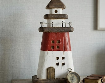 Hand-Painted Driftwood Lighthouse, Coastal Shelf Sitter, Red White Nautical Decor