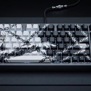 Peut inclure: Un clavier mécanique doté d'un cadre noir et d'un mélange de touches noires et blanches. Les touches présentent un motif imprimé représentant un personnage aux cheveux longs et une série de chaînes métalliques entrelacées sur tout le clavier.