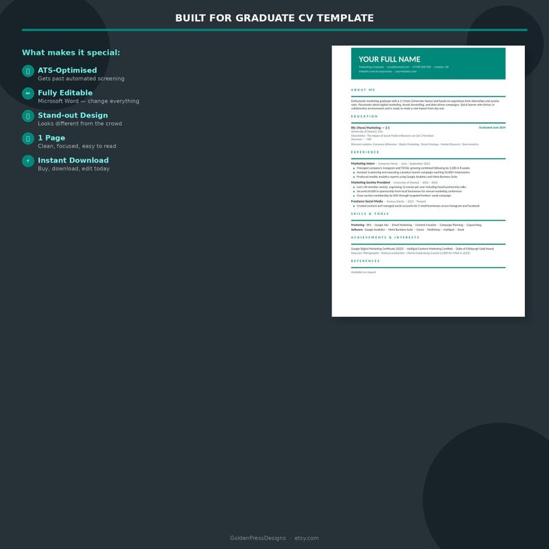 Graduate First Job Cv Example Graduate CV Template Word | No Experience | First Job | ATS Friendly ...