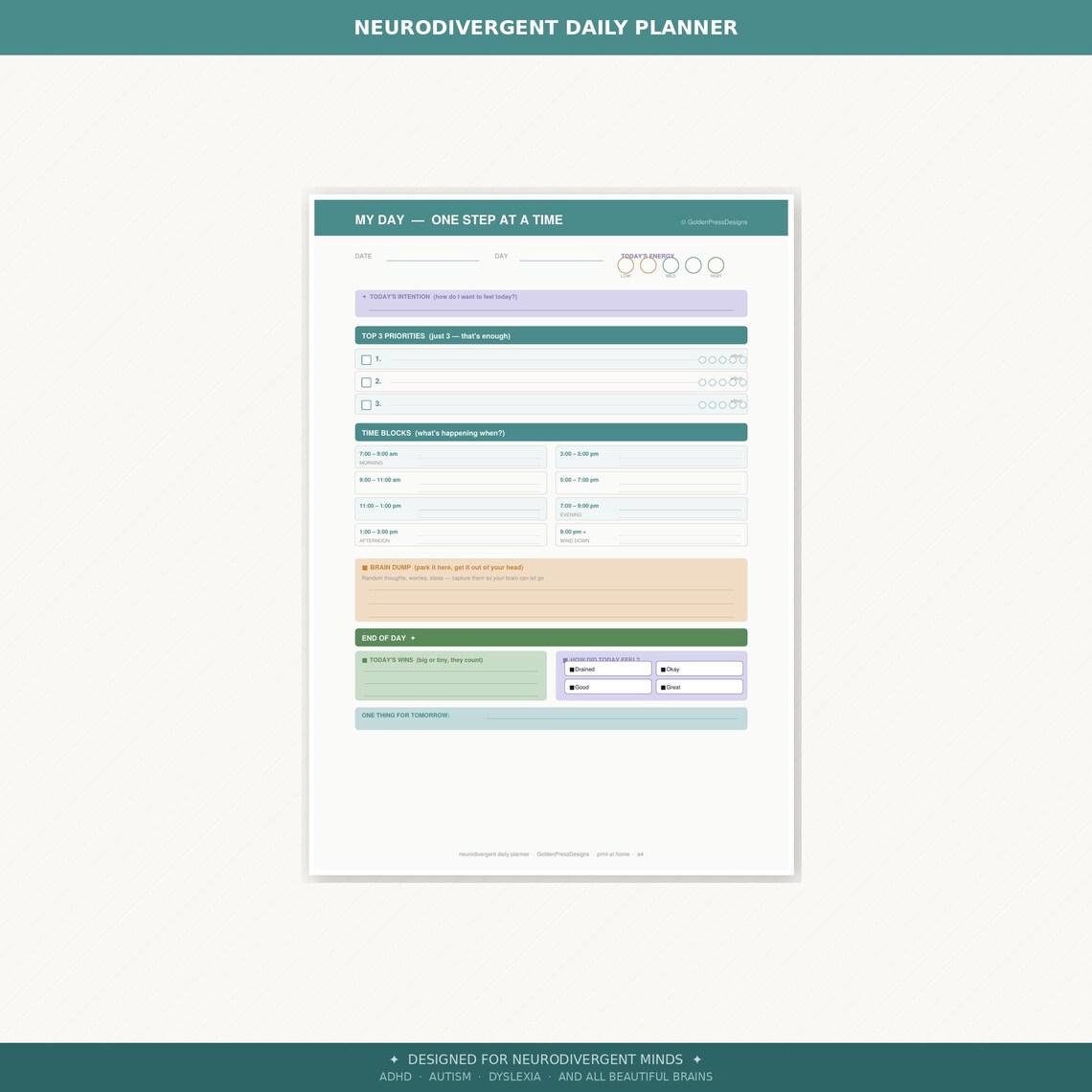 Neurodivergent Daily Planner Printable | ADHD Autism | Brain Dump ...