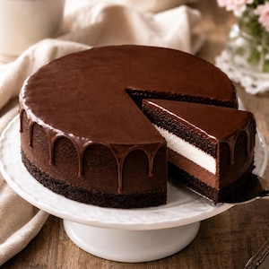 Könnte beinhalten: Ein runder Schokoladenkuchen mit glänzendem Schokoladenguss, wobei ein Stück entfernt wird. Der Kuchen steht auf einer weißen Tortenplatte. Der Kuchen hat einen dunklen Schokoladenboden, eine weiße Cremeschicht und eine dunkle Schokoladenschicht.